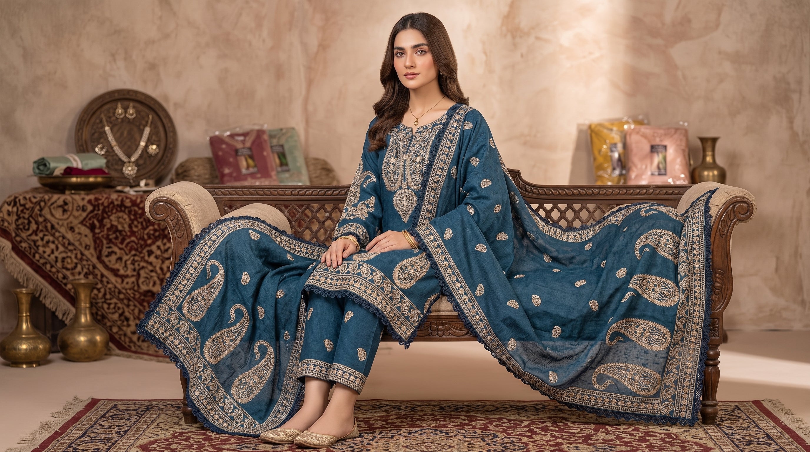 Ajwa Collection – Teal Blue Embroidered 3-Piece Suit