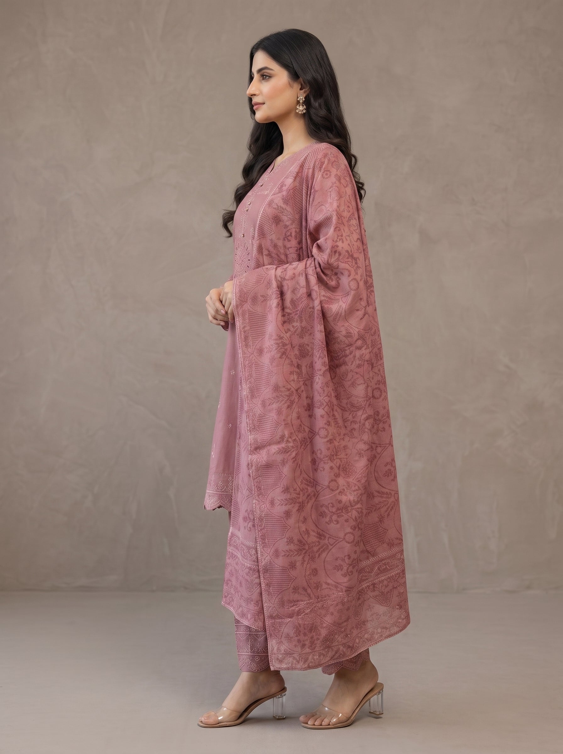 Ajwa Collection | Dusty Rose Embroidered 3-Piece Suit