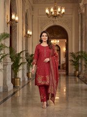 Crimson Red Embroidered 3-Piece Suit | Nayab Fabrics