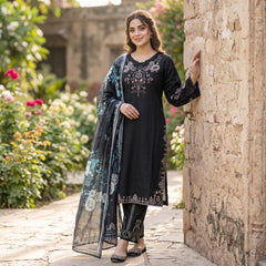 Ajwa Collection – Midnight Black Floral Embroidered 3-Piece Suit