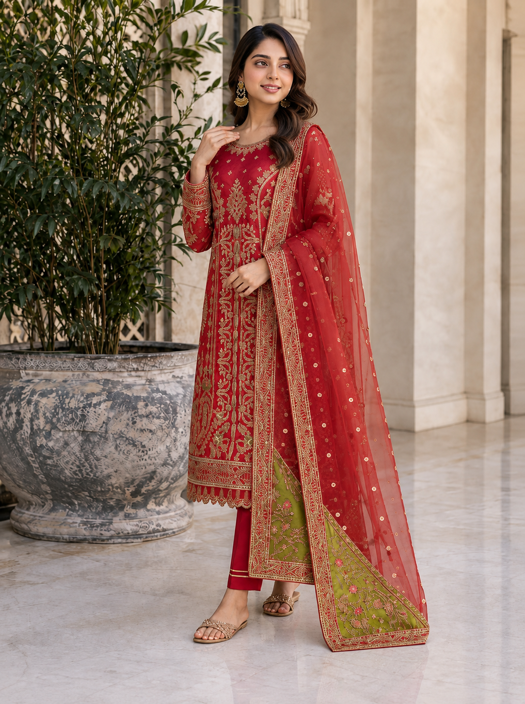 Zarposh net embroided 3pc open long shirt