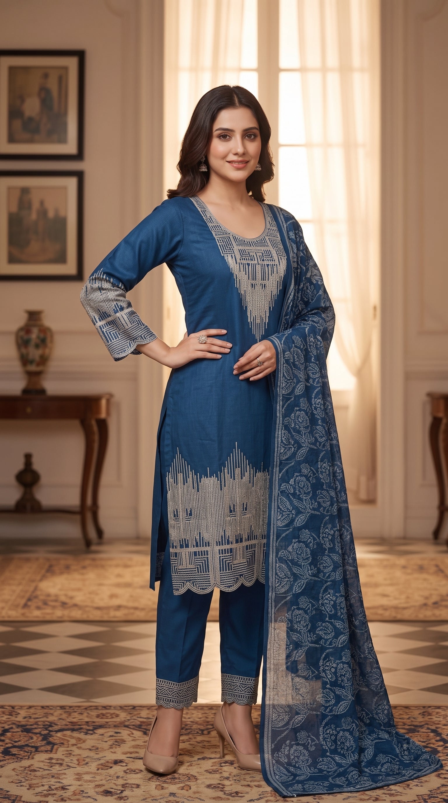 Ajwa Collection – Royal Blue Geometric Embroidered 3-Piece Suit