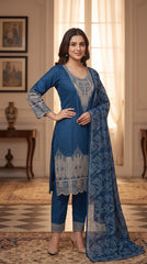 Ajwa Collection – Royal Blue Geometric Embroidered 3-Piece Suit