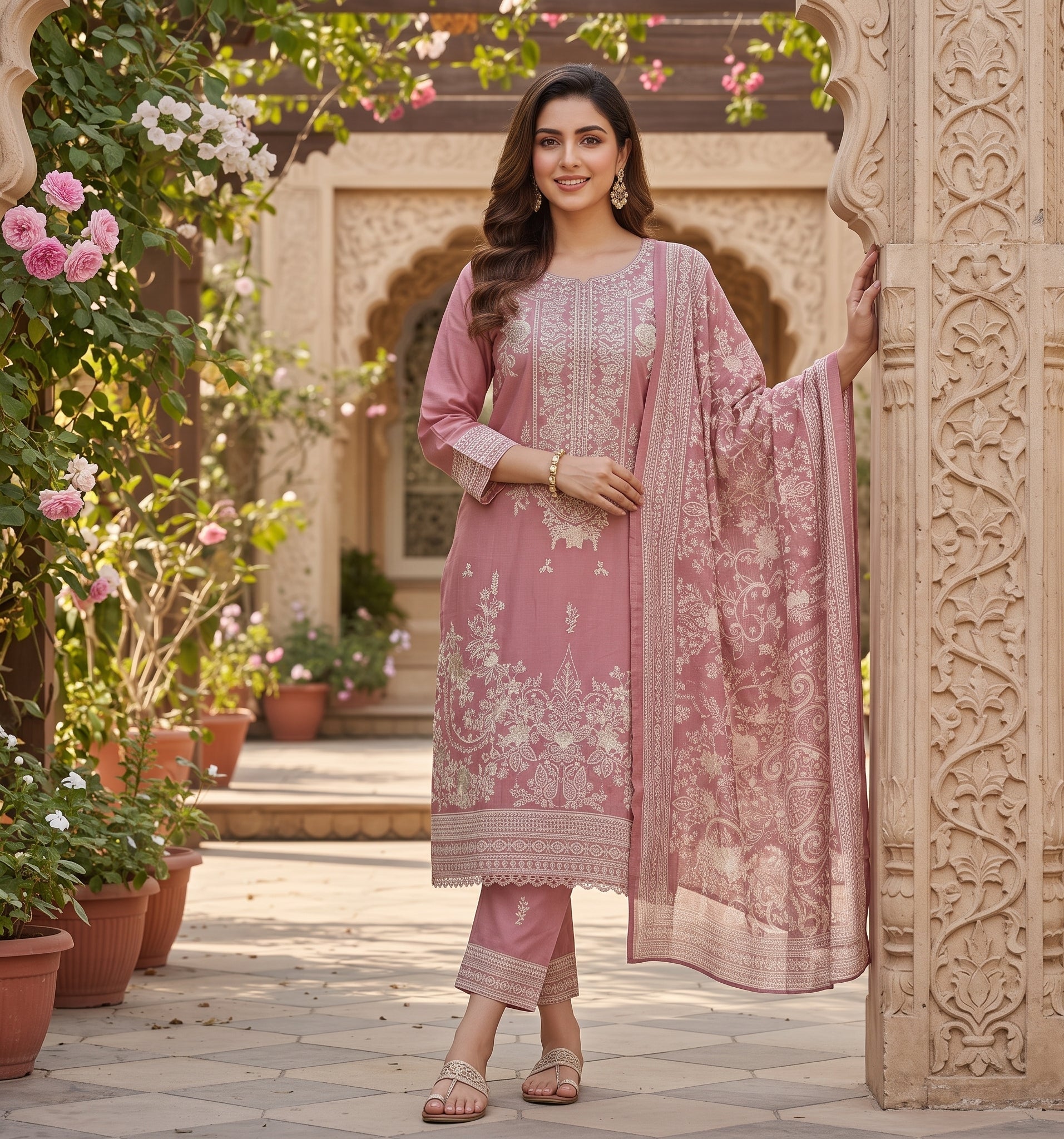 Ajwa Collection – Dusty Rose Floral Embroidered 3-Piece Suit