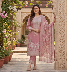 Ajwa Collection – Dusty Rose Floral Embroidered 3-Piece Suit