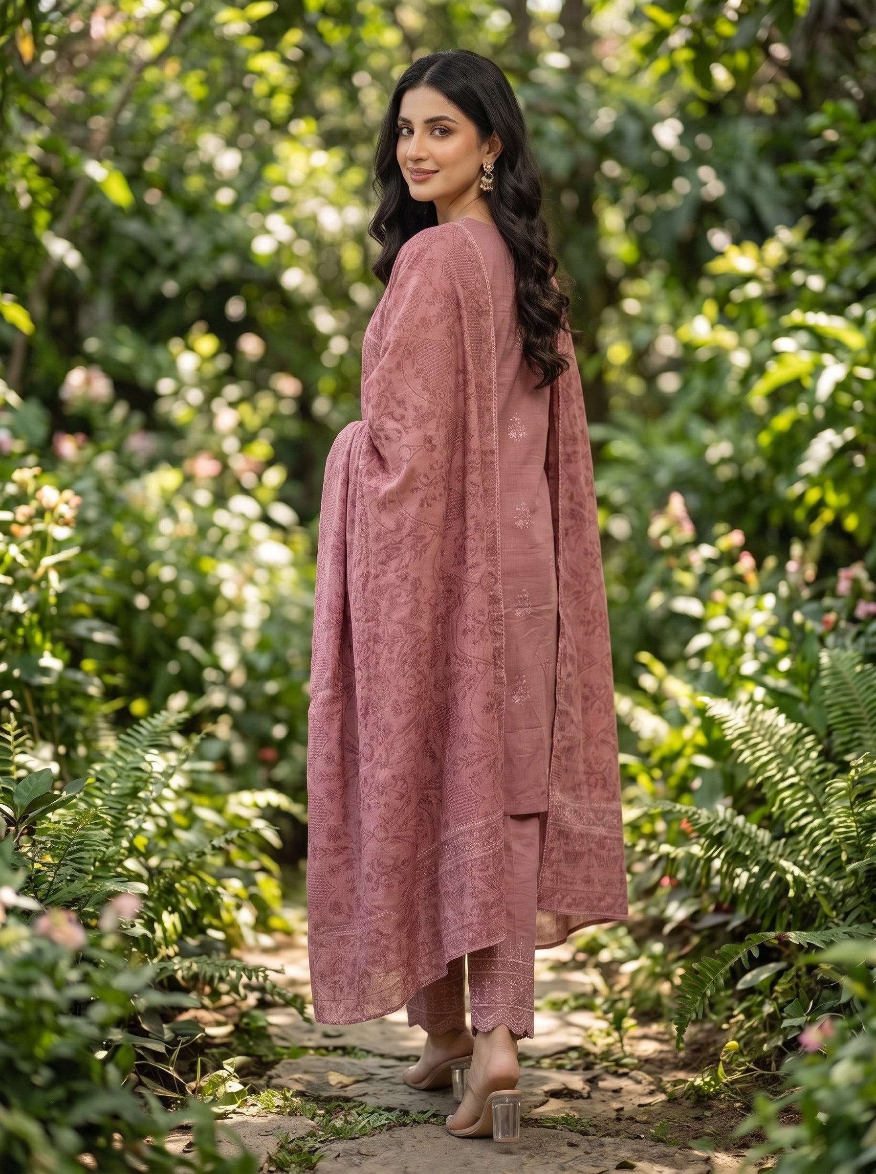 Ajwa Collection | Dusty Rose Embroidered 3-Piece Suit