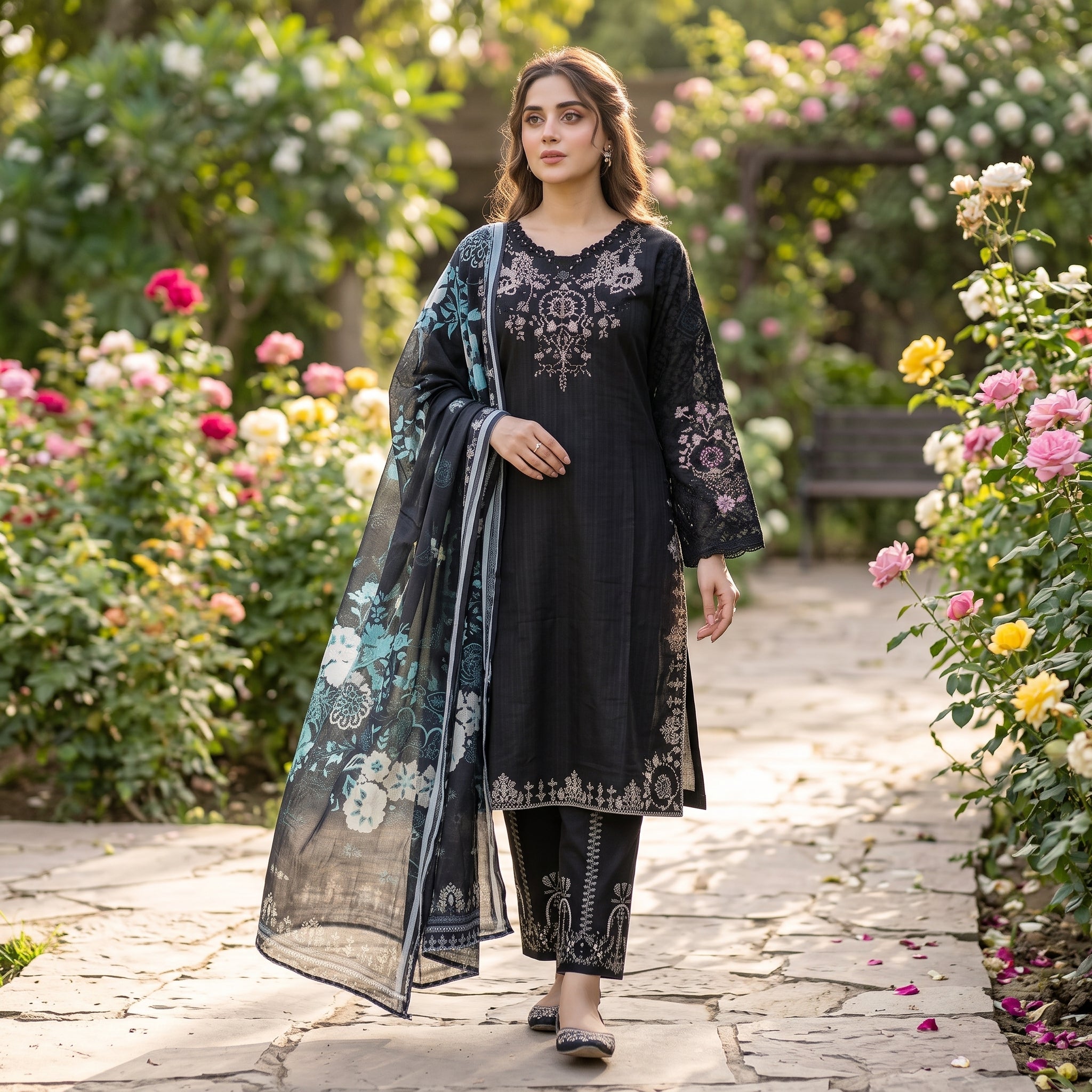 Ajwa Collection – Midnight Black Floral Embroidered 3-Piece Suit