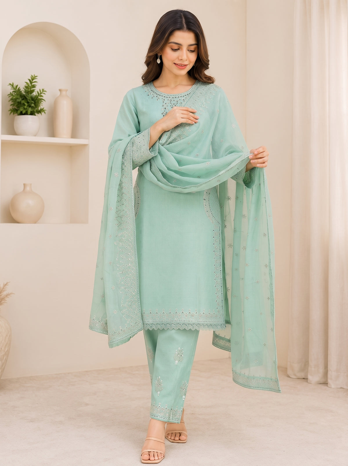 Ajwa Collection – Mint Green Embellished 3-Piece Suit