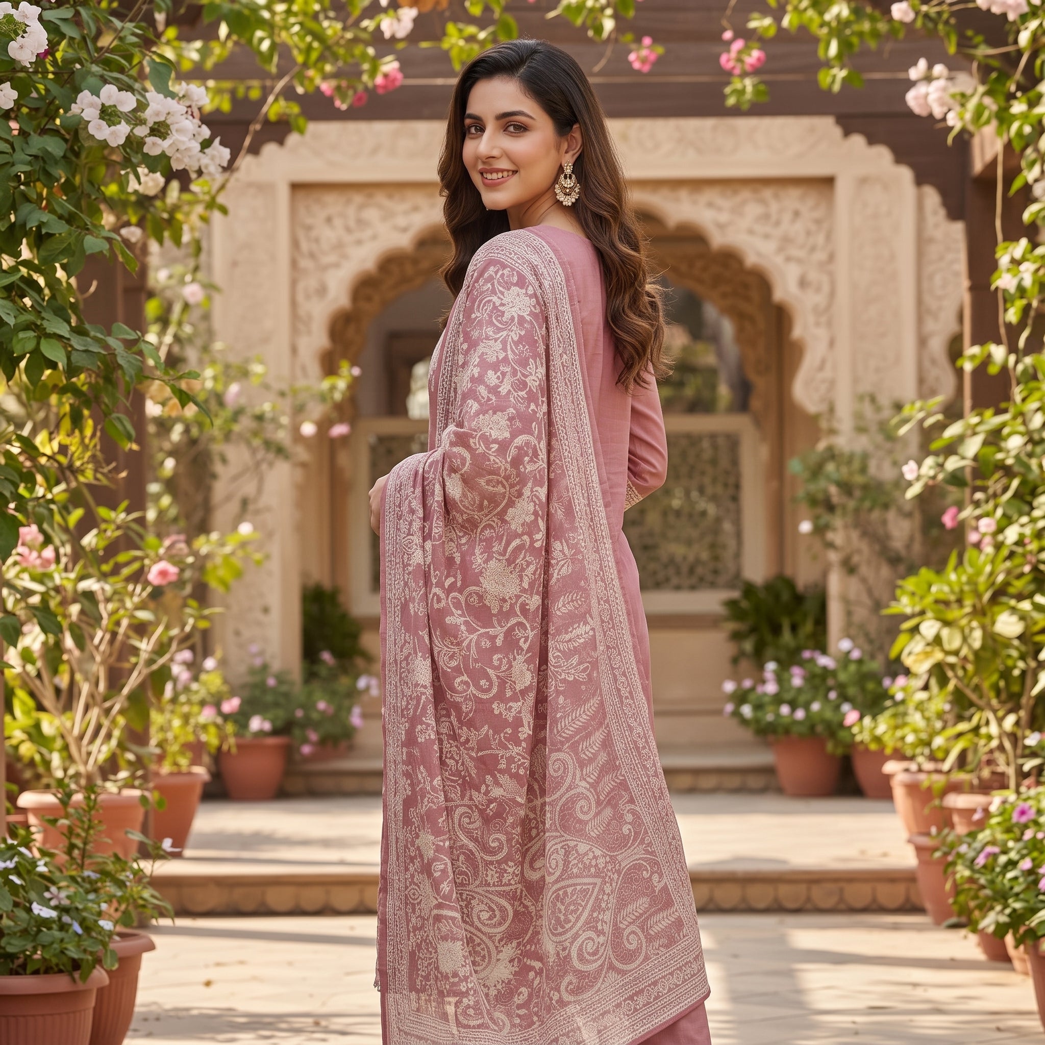 Ajwa Collection – Dusty Rose Floral Embroidered 3-Piece Suit