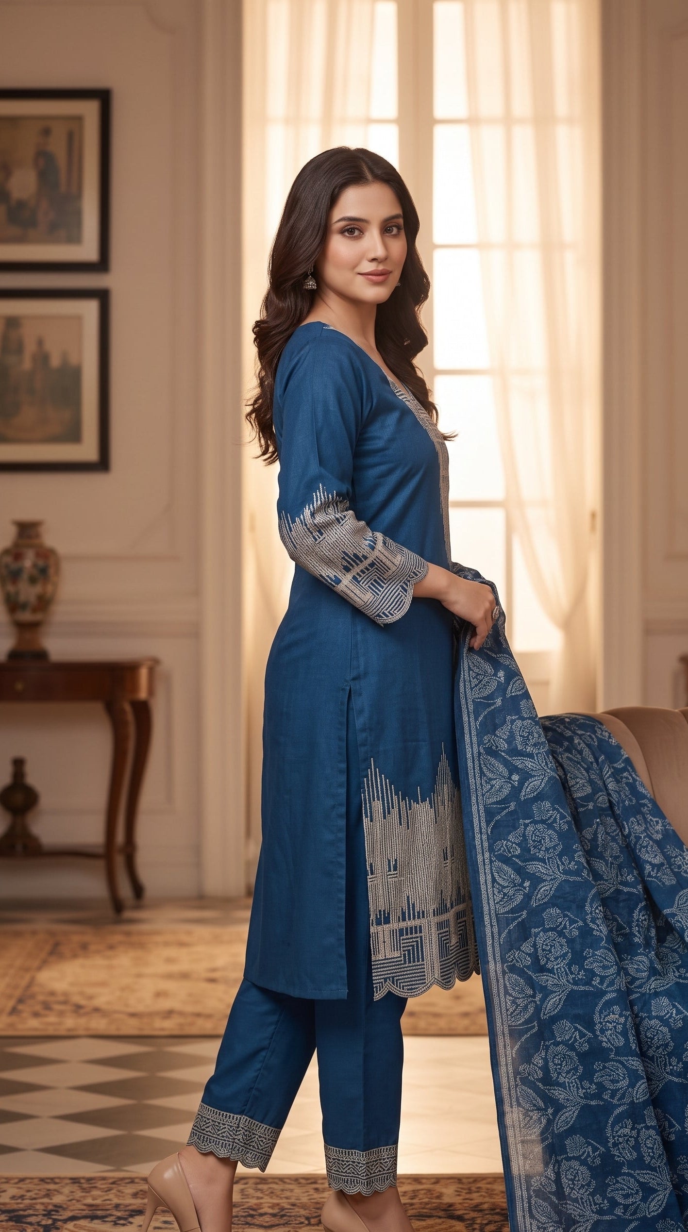 Ajwa Collection – Royal Blue Geometric Embroidered 3-Piece Suit