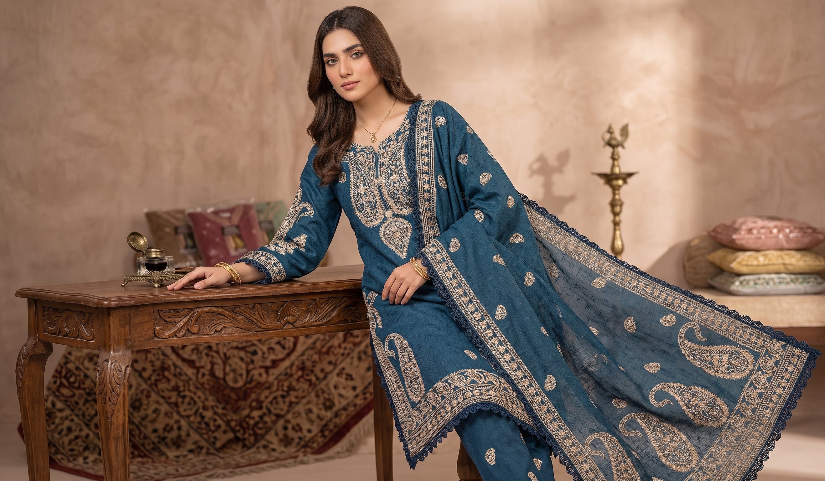 Ajwa Collection – Teal Blue Embroidered 3-Piece Suit