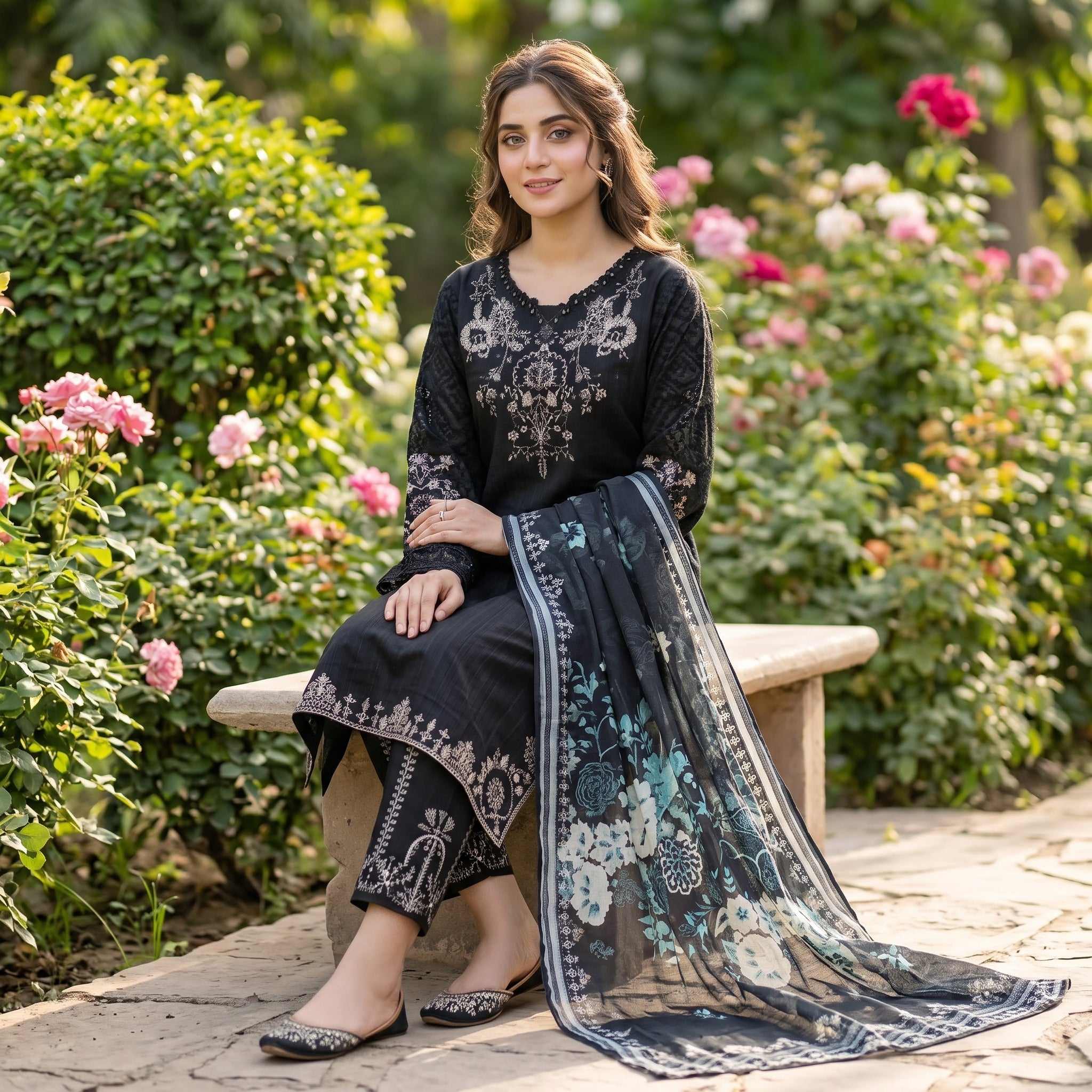 Ajwa Collection – Midnight Black Floral Embroidered 3-Piece Suit