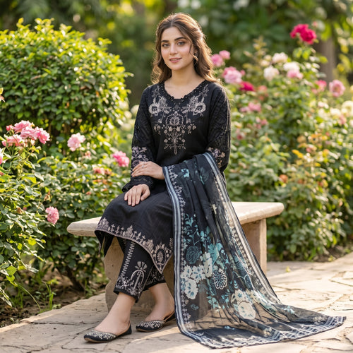 Ajwa Collection – Midnight Black Floral Embroidered 3-Piece Suit