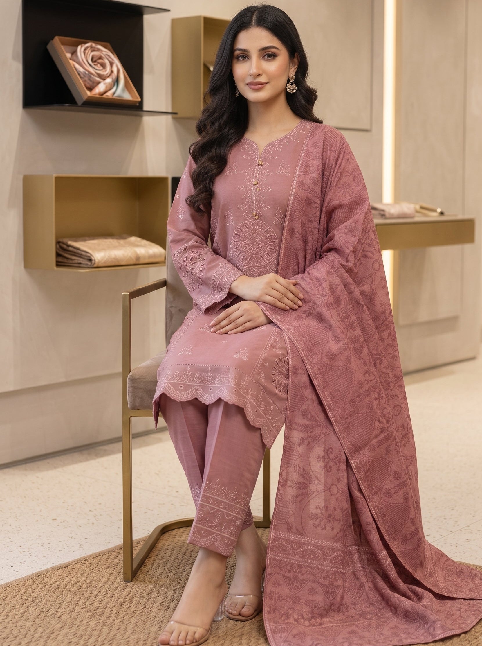 Ajwa Collection | Dusty Rose Embroidered 3-Piece Suit