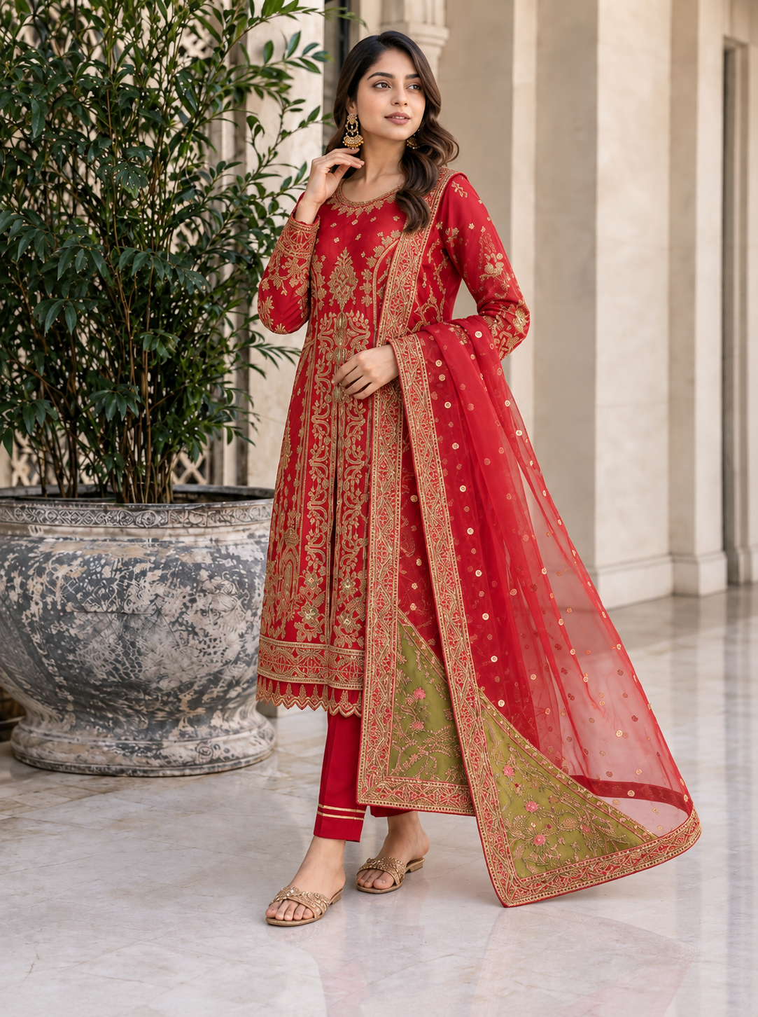 Zarposh net embroided 3pc open long shirt
