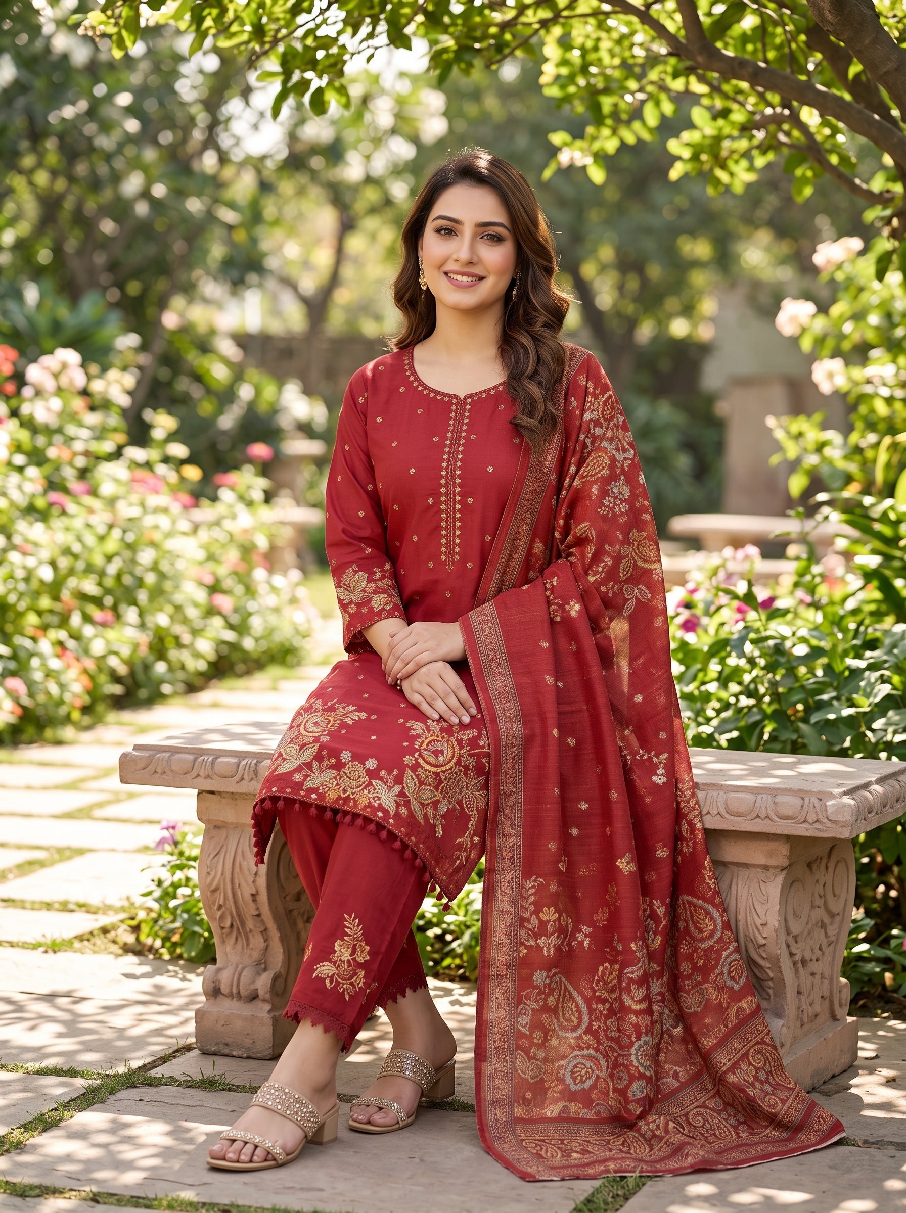 Crimson Red Embroidered 3-Piece Suit | Nayab Fabrics