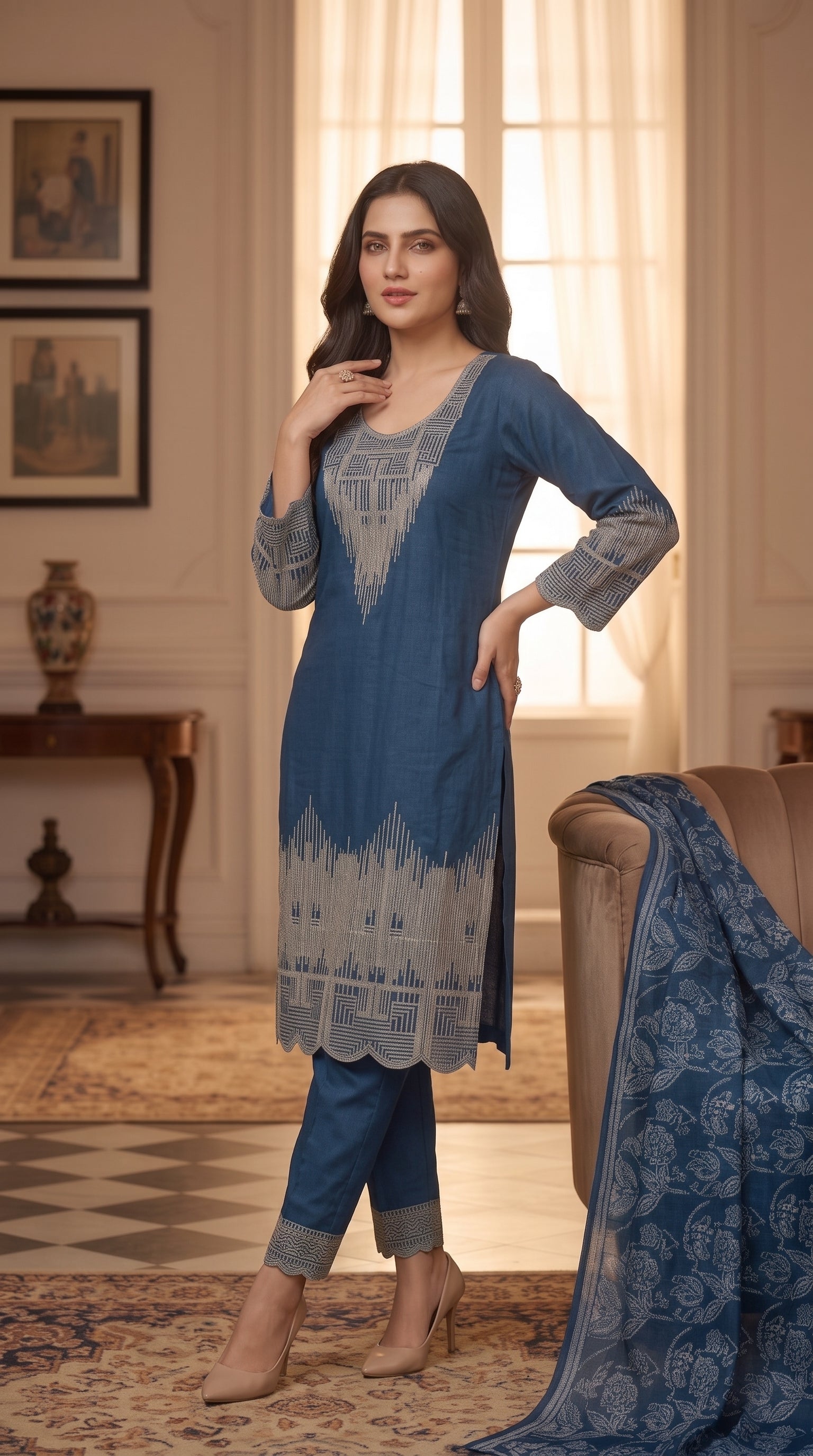 Ajwa Collection – Royal Blue Geometric Embroidered 3-Piece Suit