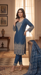 Ajwa Collection – Royal Blue Geometric Embroidered 3-Piece Suit