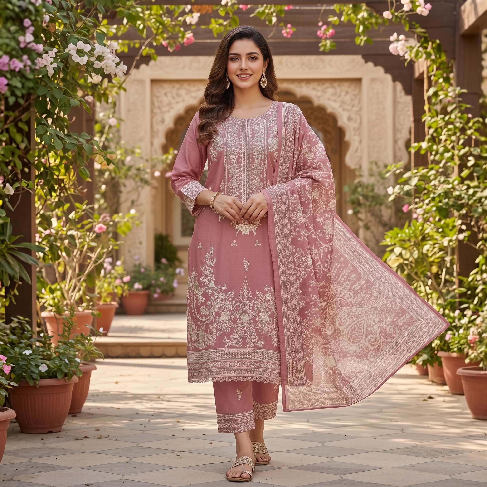 Ajwa Collection – Dusty Rose Floral Embroidered 3-Piece Suit