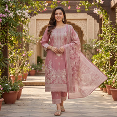 Ajwa Collection – Dusty Rose Floral Embroidered 3-Piece Suit