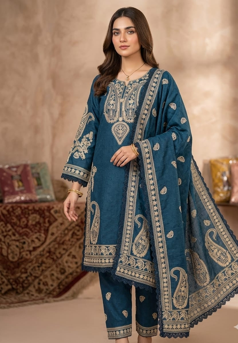 Ajwa Collection – Teal Blue Embroidered 3-Piece Suit
