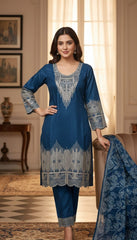 Ajwa Collection – Royal Blue Geometric Embroidered 3-Piece Suit