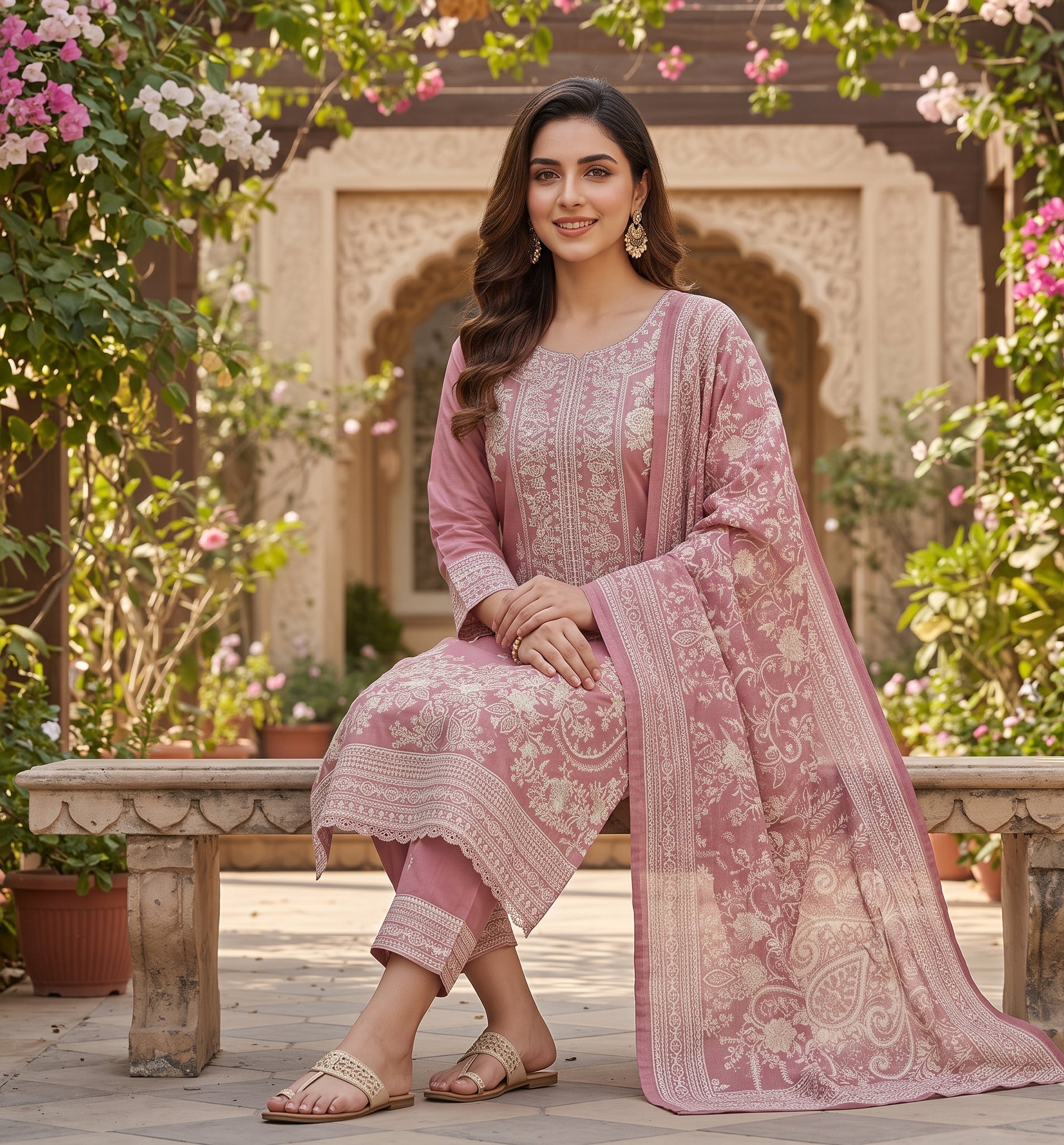 Ajwa Collection – Dusty Rose Floral Embroidered 3-Piece Suit