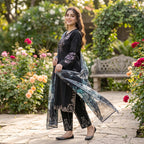 Ajwa Collection – Midnight Black Floral Embroidered 3-Piece Suit