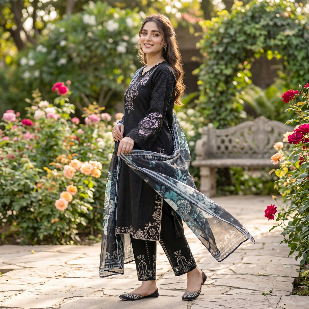 Ajwa Collection – Midnight Black Floral Embroidered 3-Piece Suit