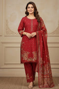 Crimson Red Embroidered 3-Piece Suit | Nayab Fabrics