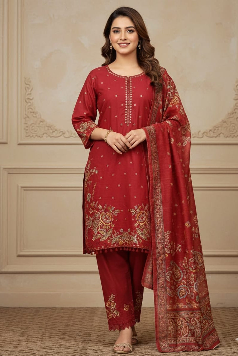 Crimson Red Embroidered 3-Piece Suit | Nayab Fabrics