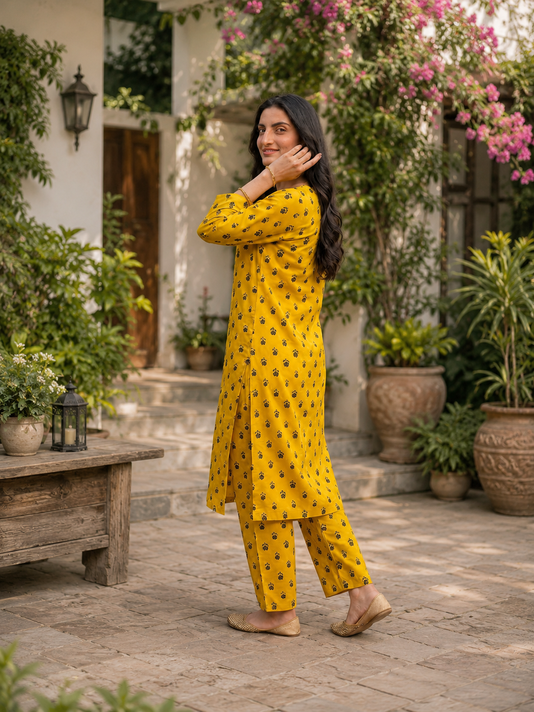 premium mustard printed 2pc stiched