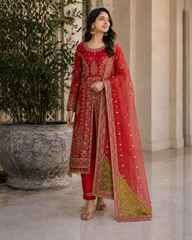 Zarposh net embroided 3pc open long shirt