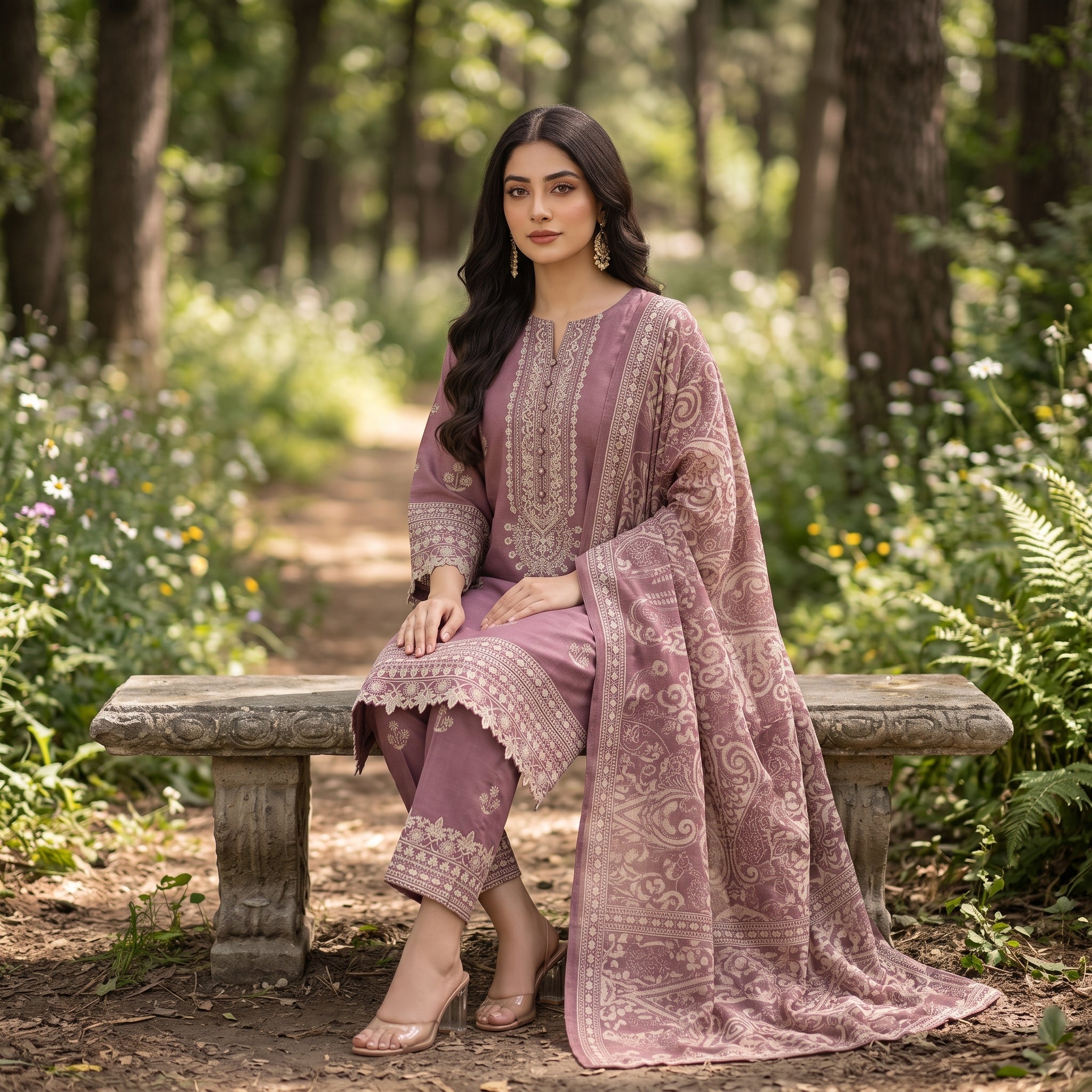 Ajwa Collection – Mauve Pink Ornamental Embroidered 3-Piece Suit