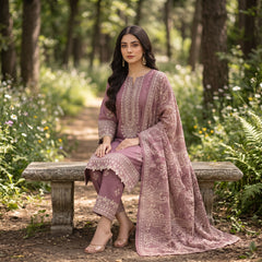Ajwa Collection – Mauve Pink Ornamental Embroidered 3-Piece Suit