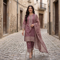 Ajwa Collection – Mauve Pink Ornamental Embroidered 3-Piece Suit