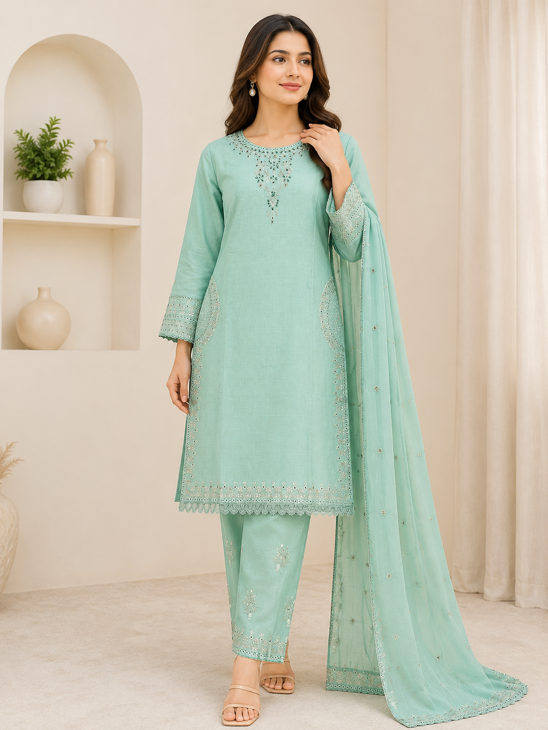 Ajwa Collection – Mint Green Embellished 3-Piece Suit